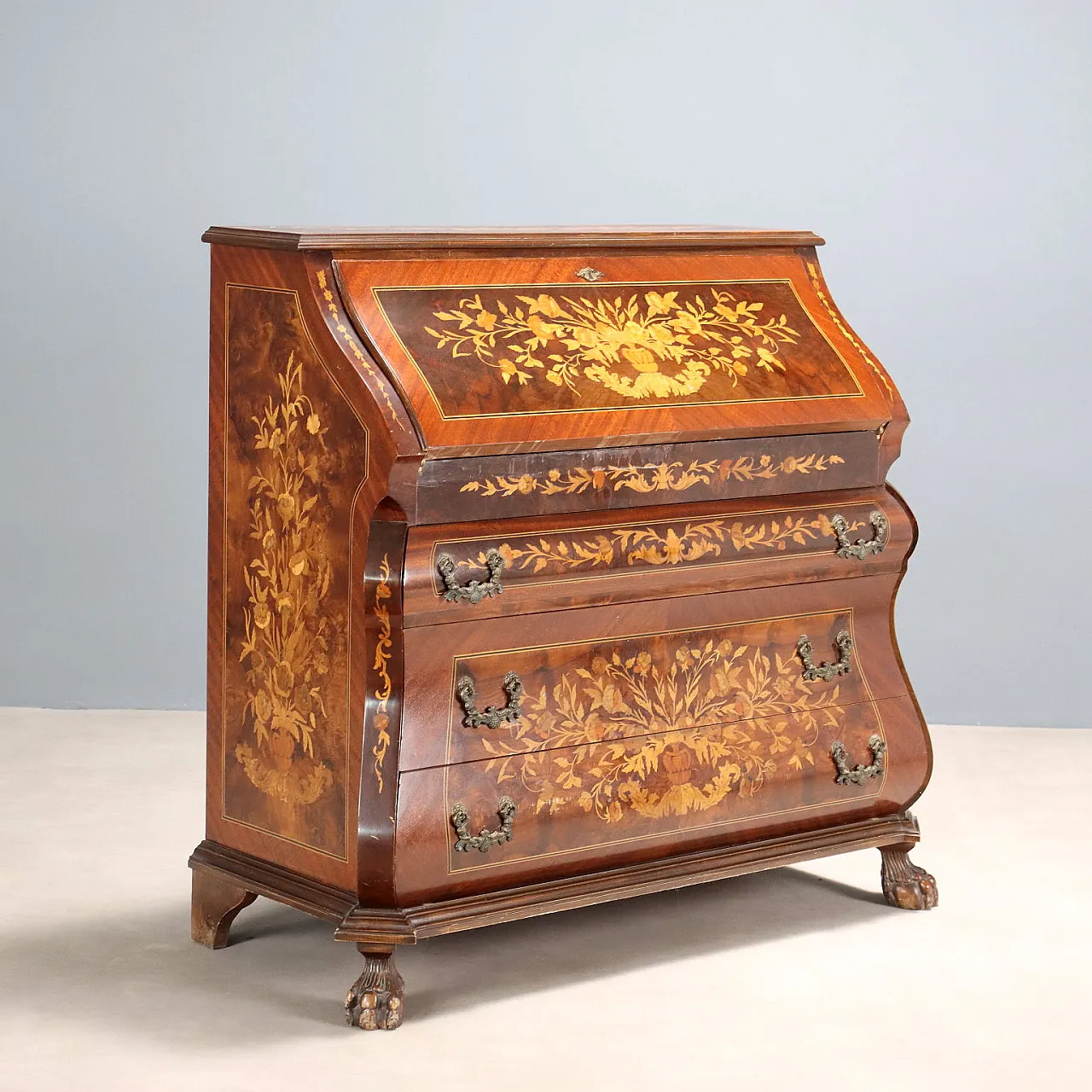 Comò con intarsi floreali e fogliari, '900 1