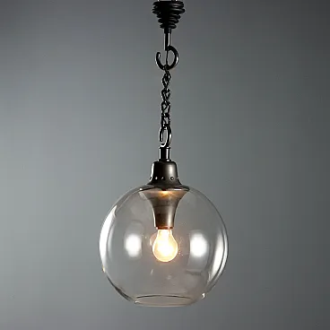 Lampada da soffitto in ottone brunito e vetro, '900