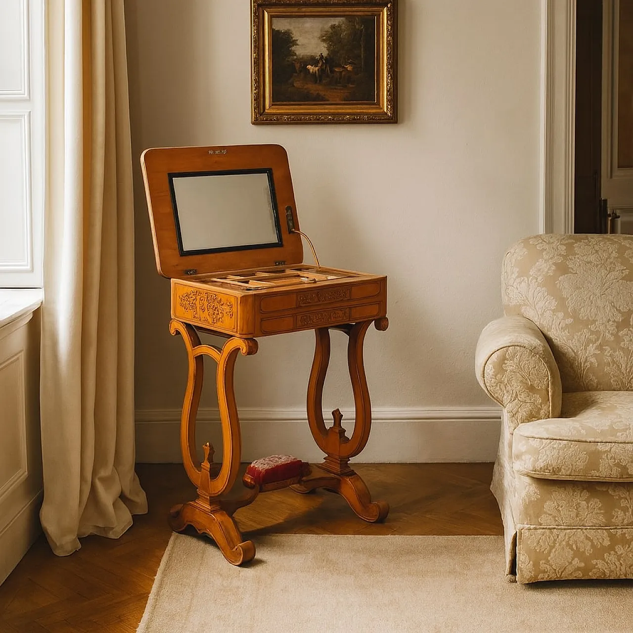 Tavolo da cucito Carlo X in ciliegio e noce con intarsi, '800 2