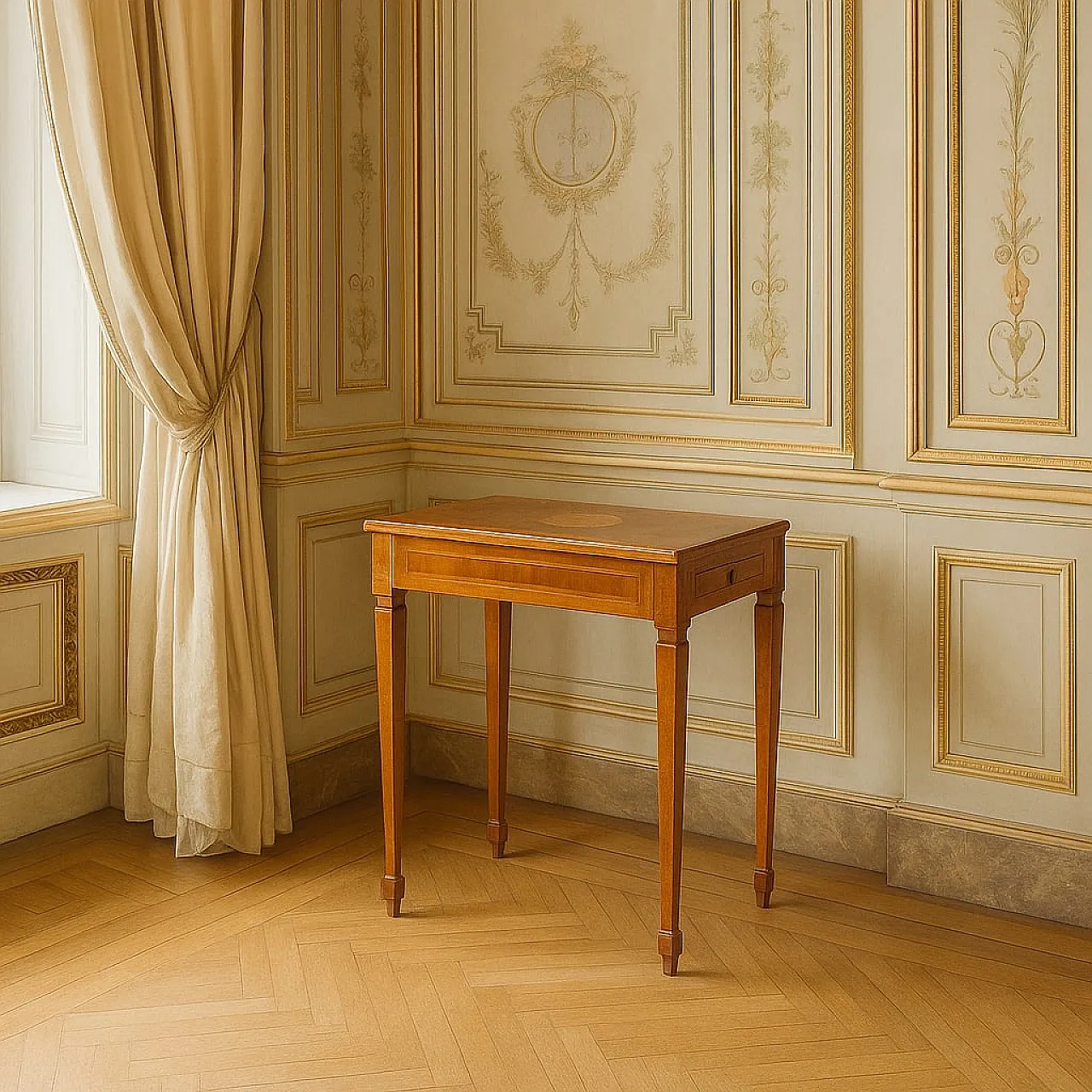 Tavolino neoclassico in noce, acero e vetro, fine '700 2