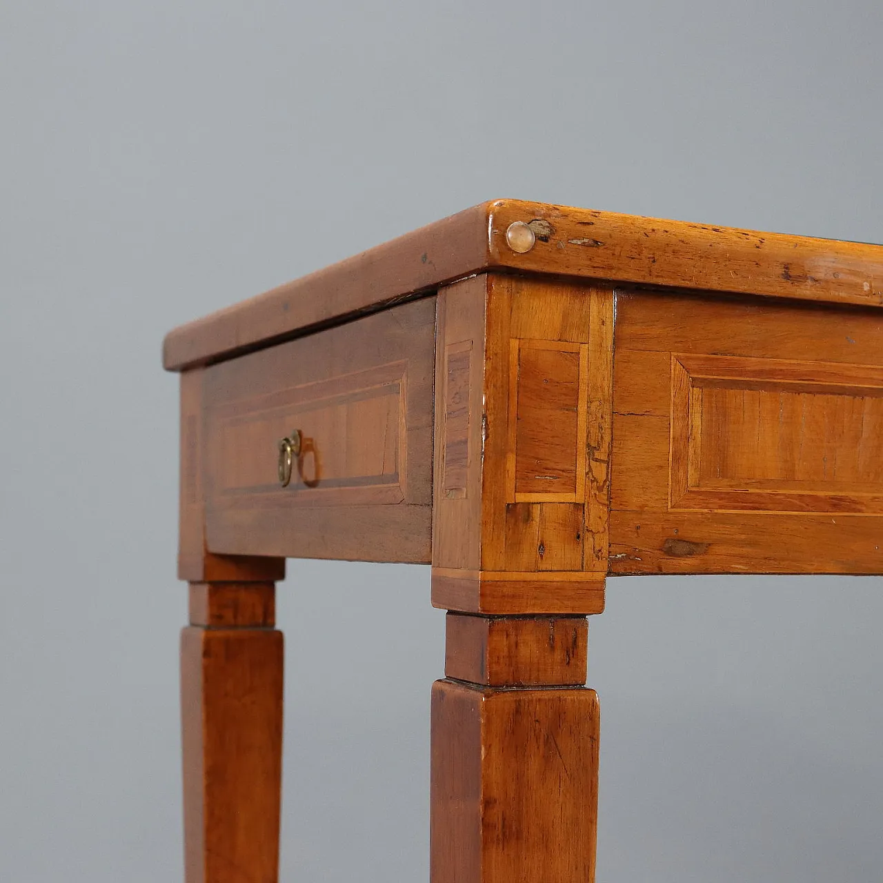 Tavolino neoclassico in noce, acero e vetro, fine '700 6