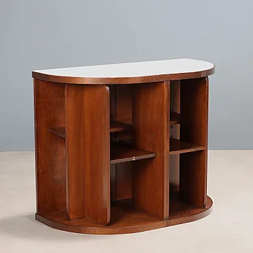 Mobile in legno con piano in vetro bianco e vani a giorno, '900