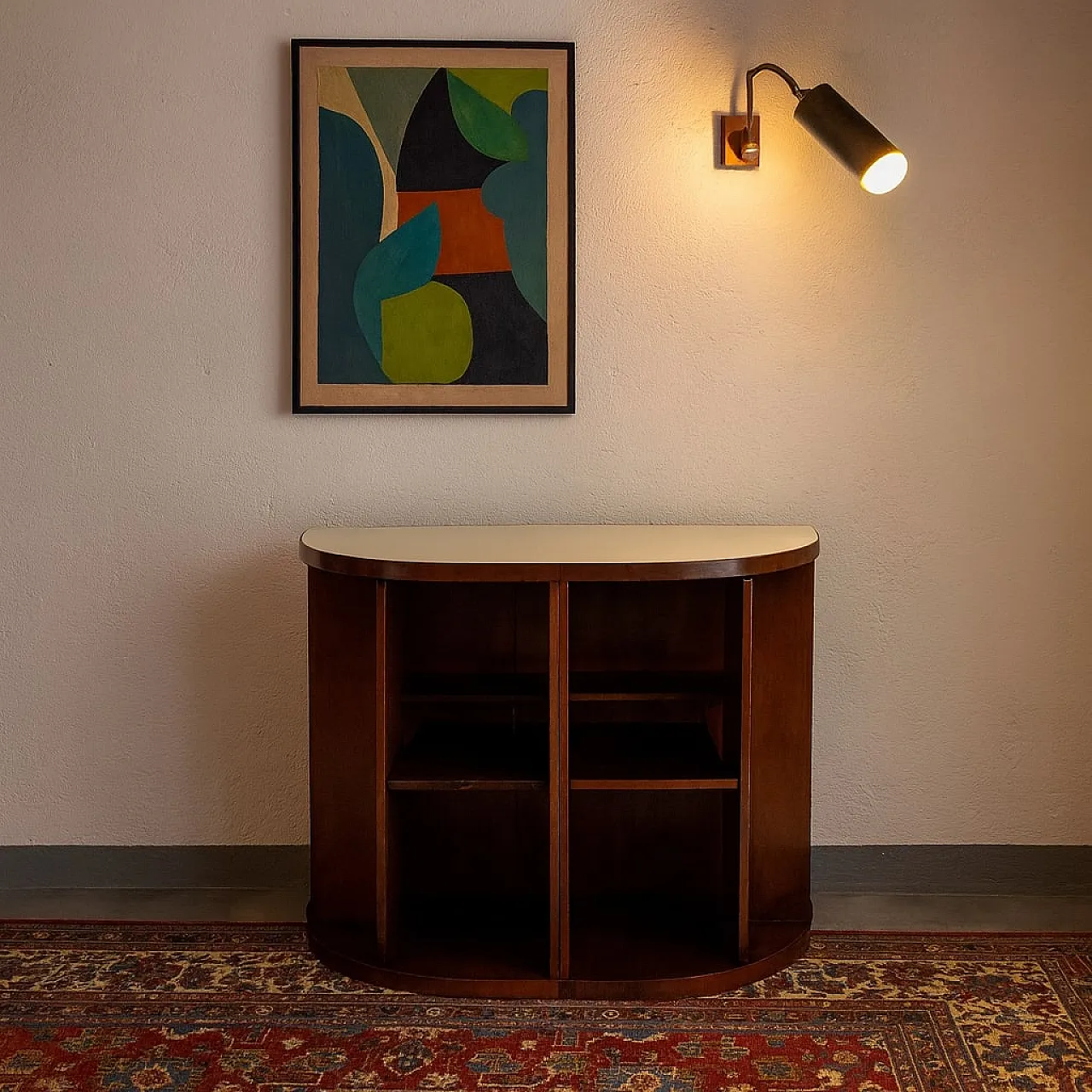 Mobile in legno con piano in vetro bianco e vani a giorno, '900 2