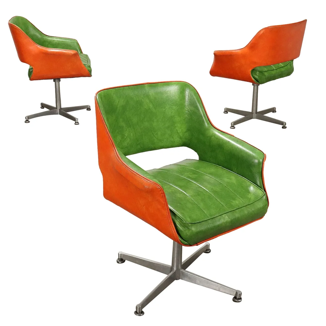 3 Armchairs in aluminium, foam and green leatherette, 1960s 1
