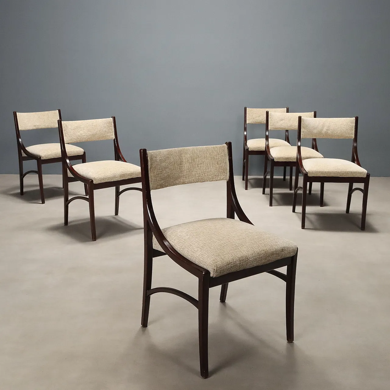 6 Sedie da pranzo in legno di faggio tinto e tessuto, '900 1