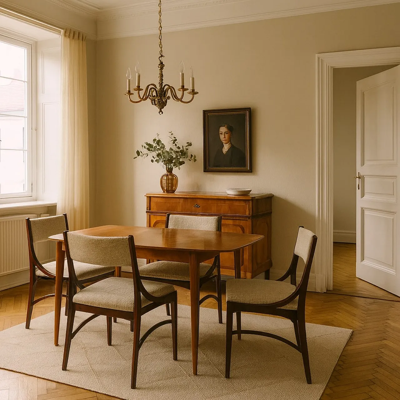 6 Sedie da pranzo in legno di faggio tinto e tessuto, '900 2