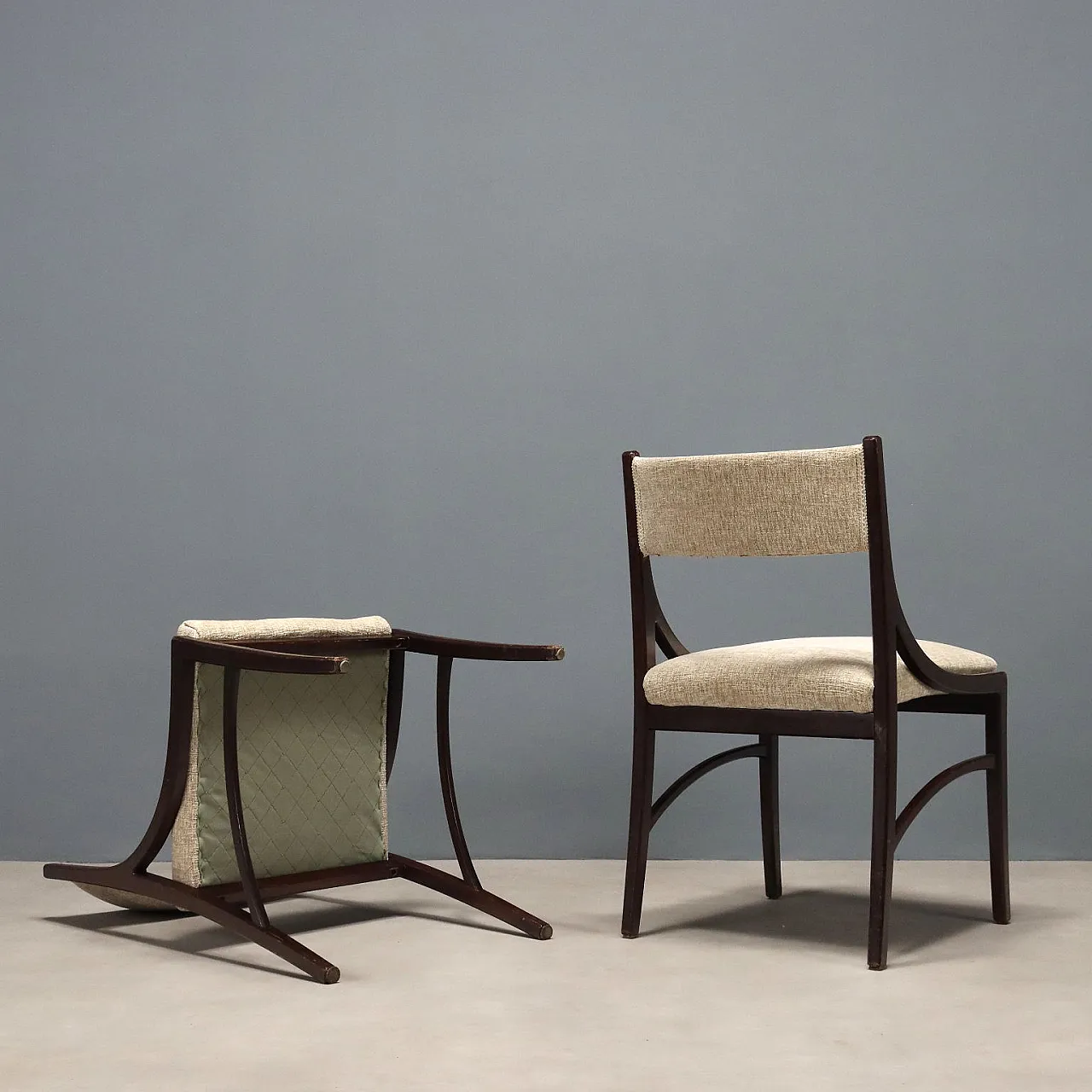 6 Sedie da pranzo in legno di faggio tinto e tessuto, '900 9