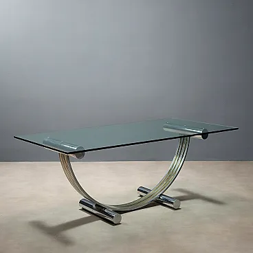 Tavolo con piano in vetro, base ad arco in metallo e ottone, '900