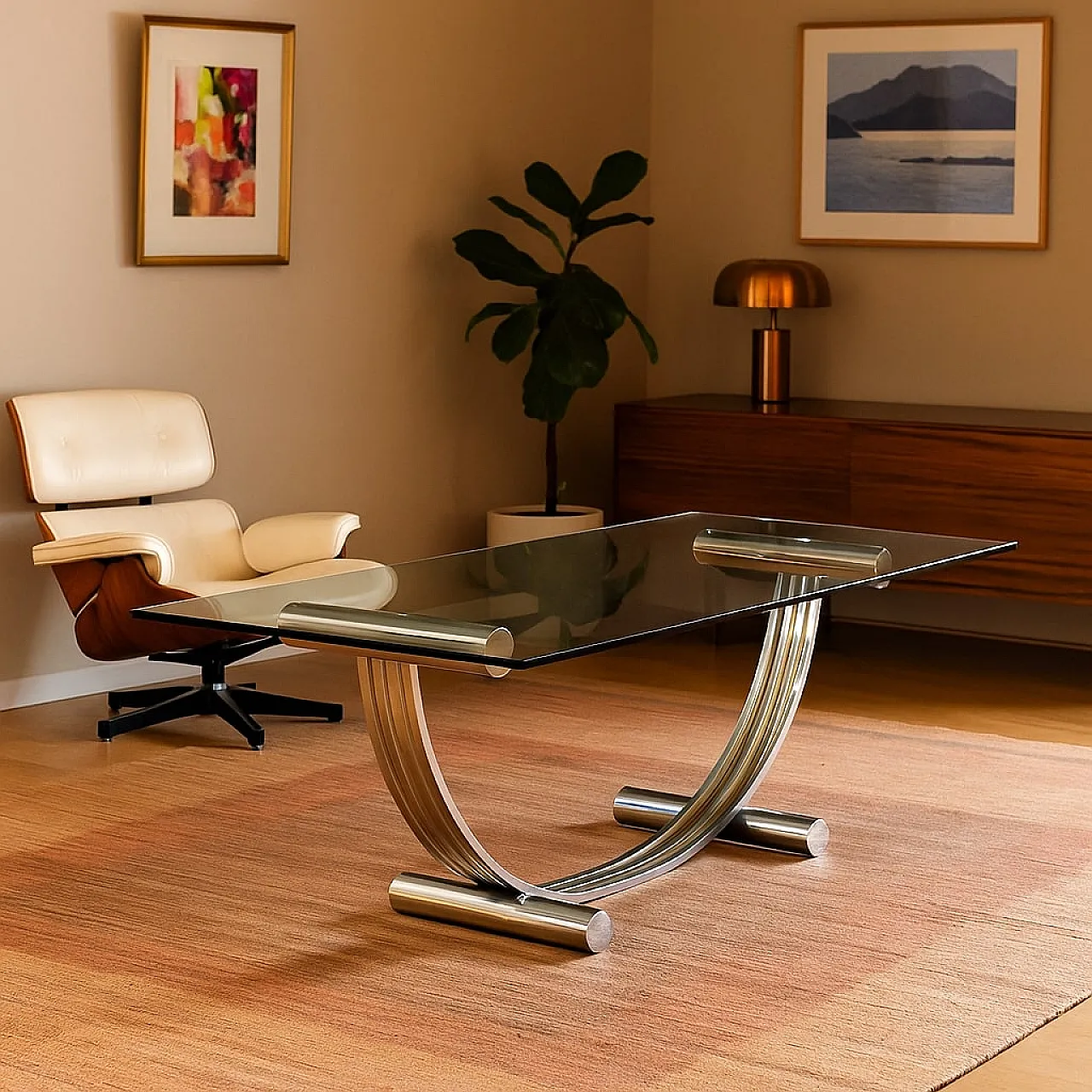 Tavolo con piano in vetro, base ad arco in metallo e ottone, '900 2