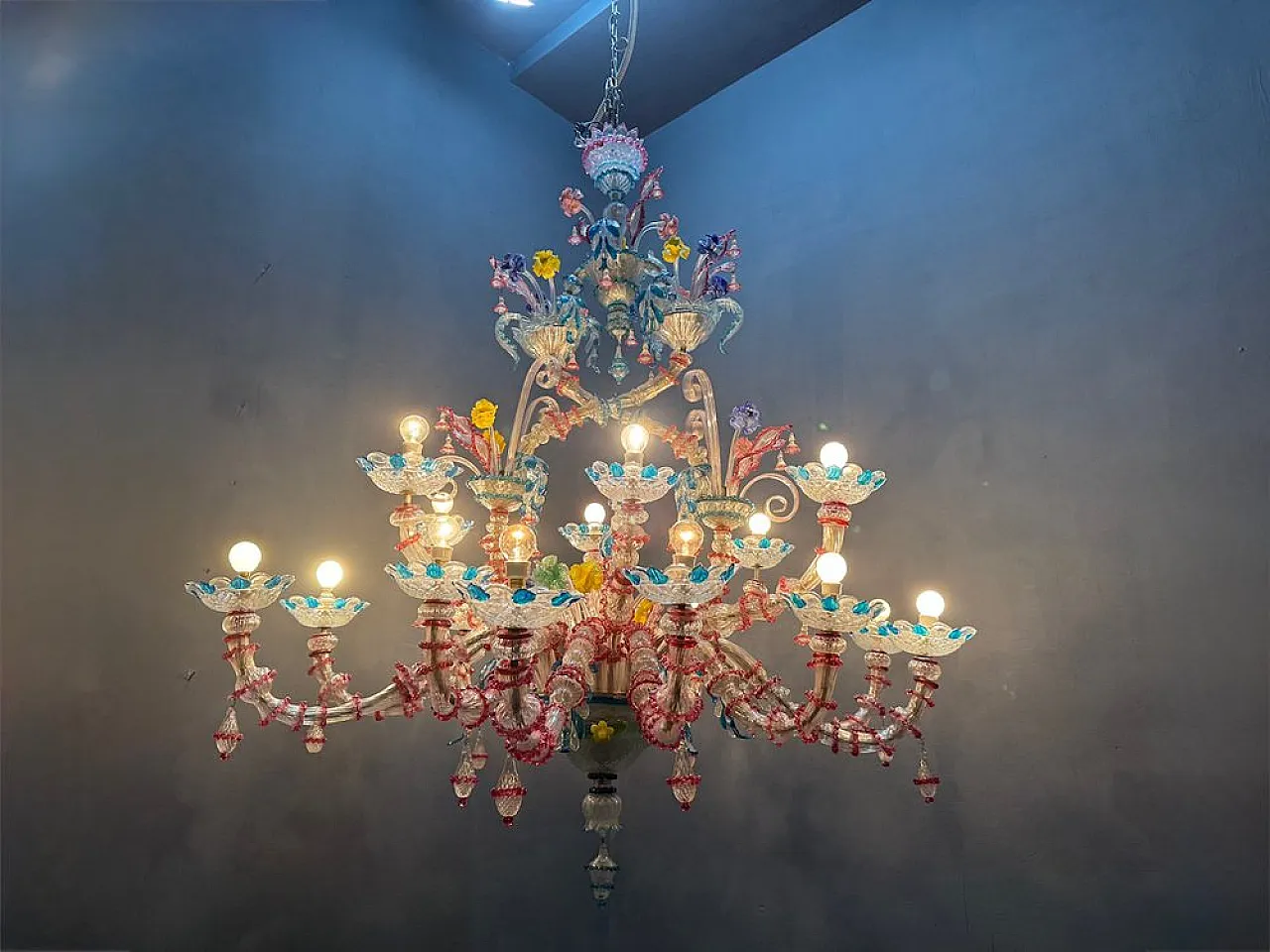 Lampadario Rezzonico grande in vetro di Murano, Venezia, anni '50 2