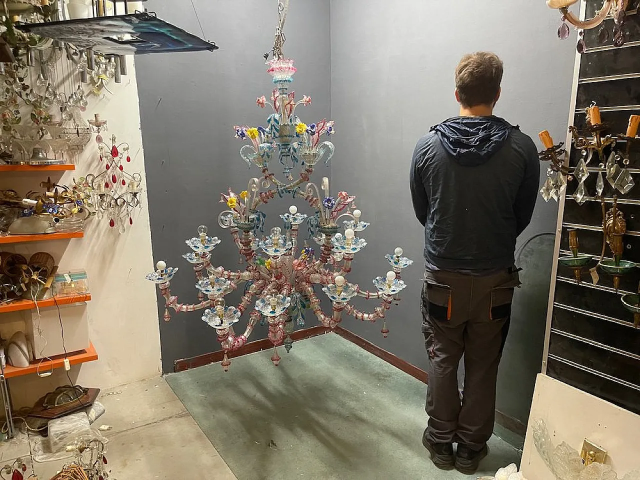 Lampadario Rezzonico grande in vetro di Murano, Venezia, anni '50 11