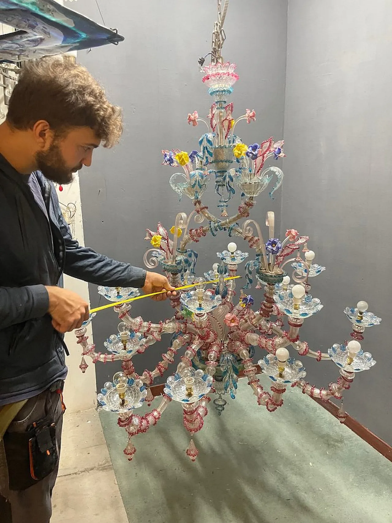 Lampadario Rezzonico grande in vetro di Murano, Venezia, anni '50 12