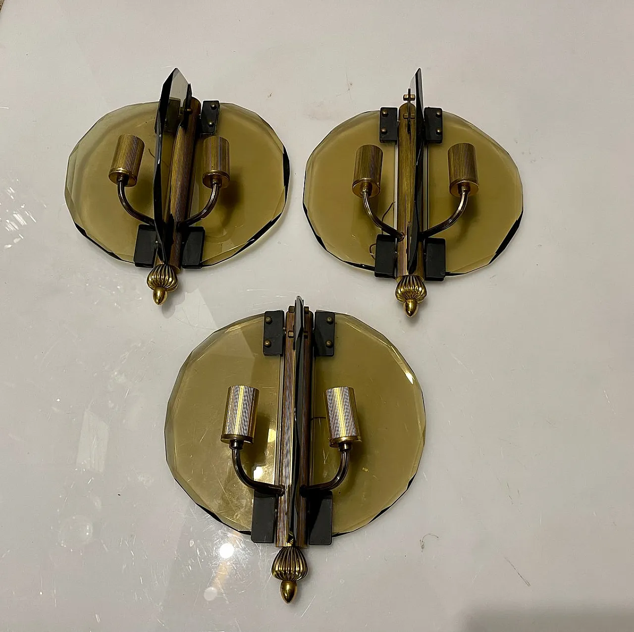 3 Italian smoked glass wall lamps,  70s 1