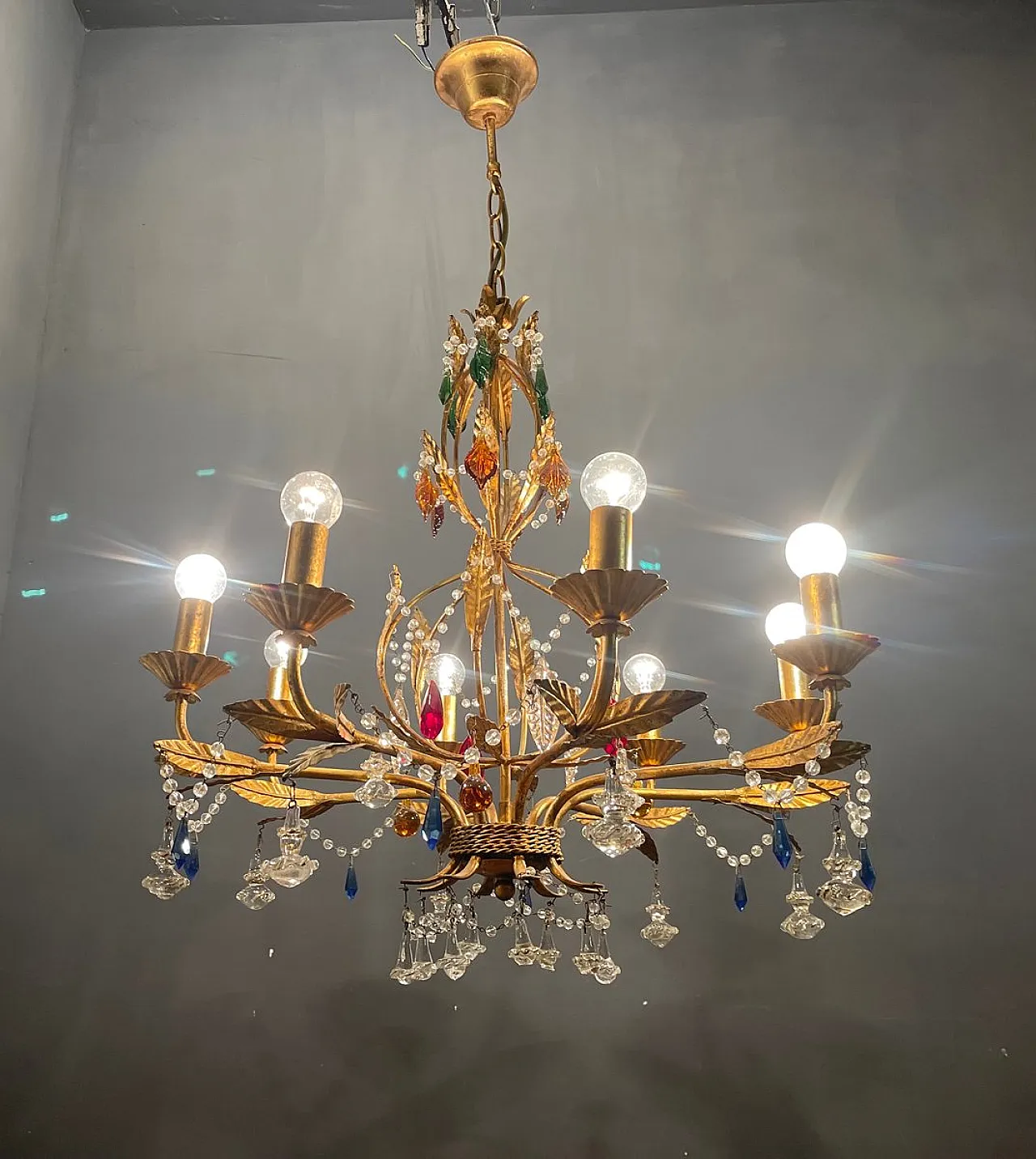 Lampadario fiorentino in vetro di Murano dorato 2