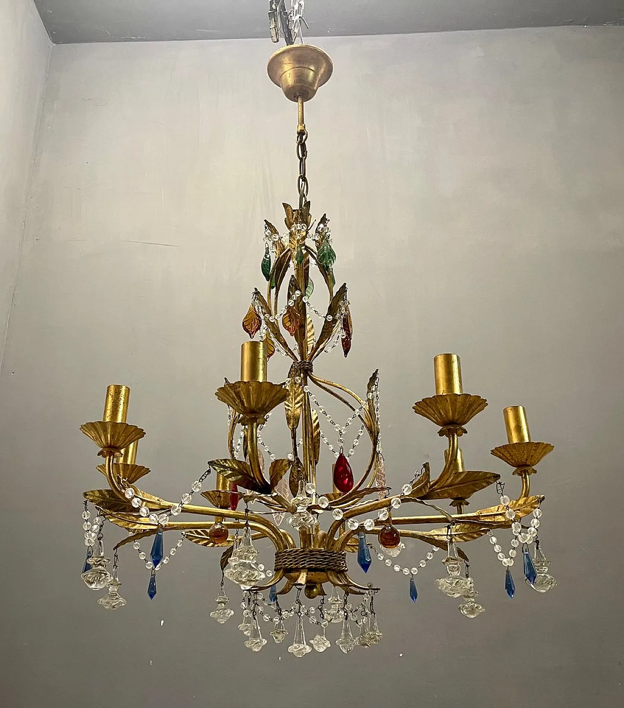 Lampadario fiorentino in vetro di Murano dorato 6
