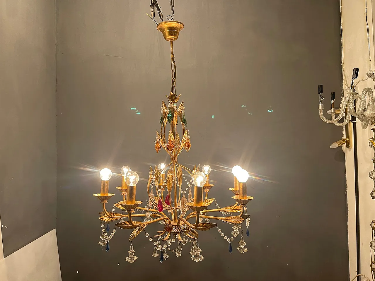 Lampadario fiorentino in vetro di Murano dorato 7