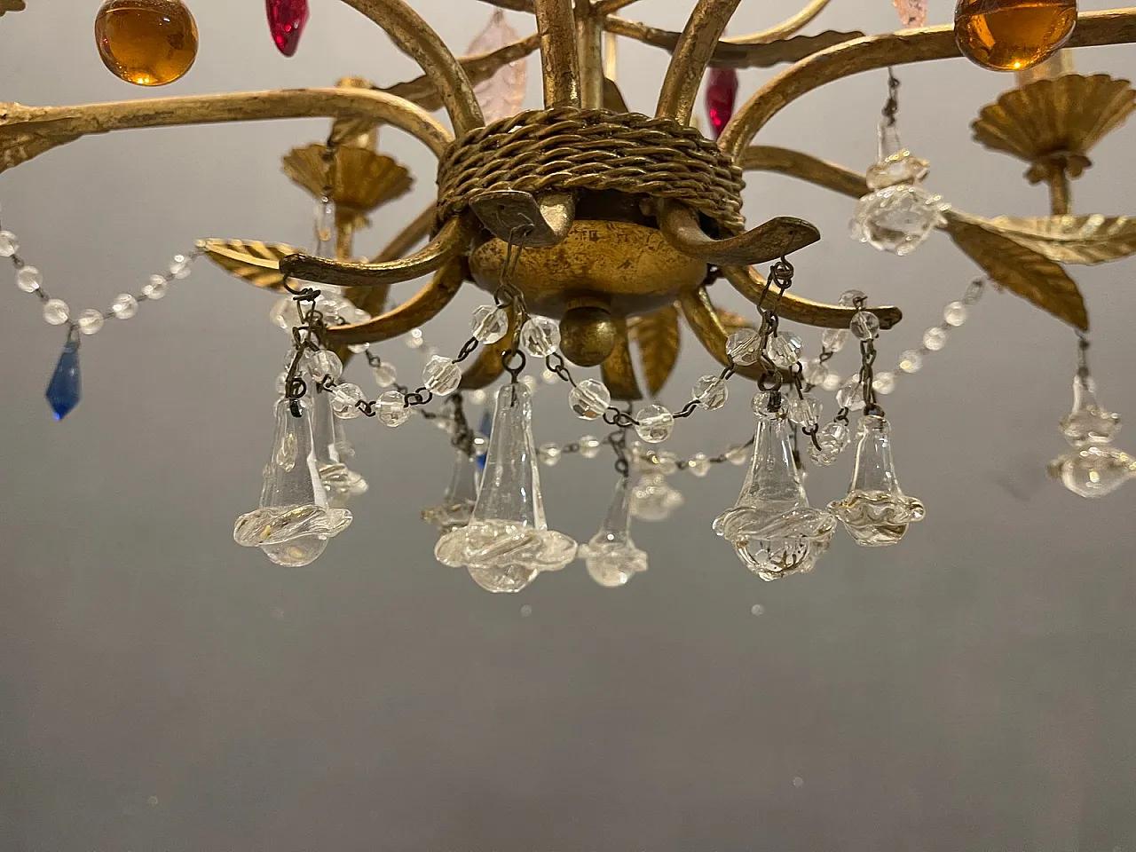 Lampadario fiorentino in vetro di Murano dorato 8