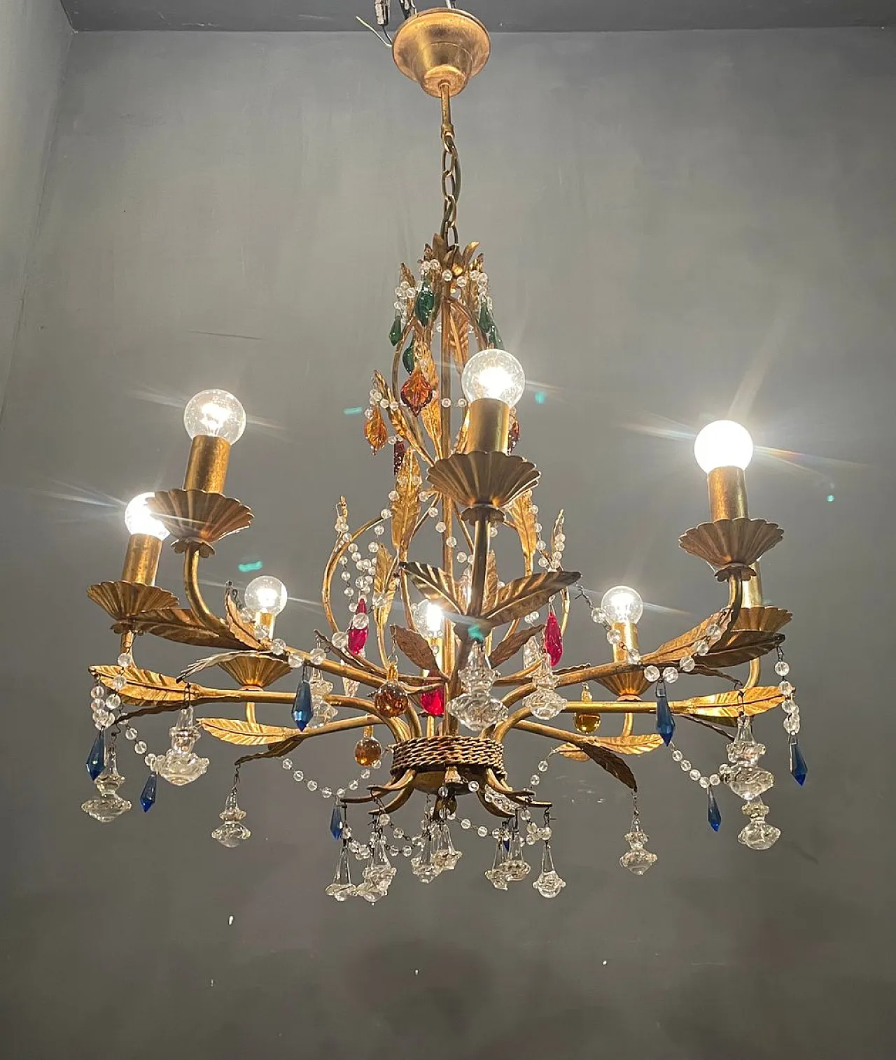 Lampadario fiorentino in vetro di Murano dorato 9