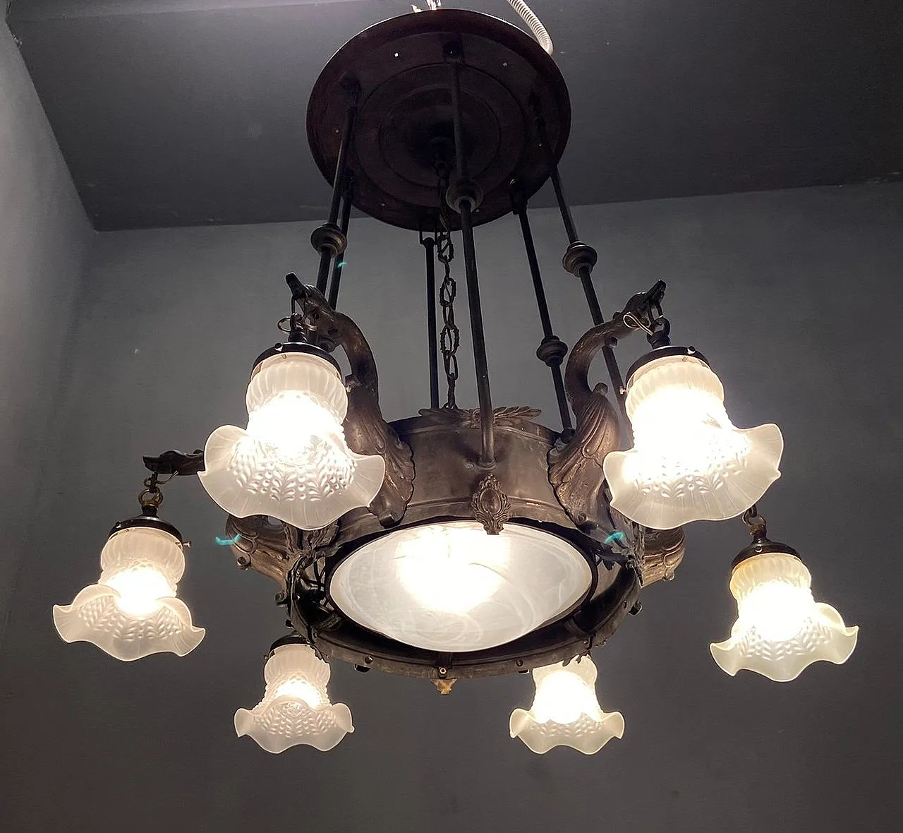 Antique Liberty bronze chandelier, Italy, 1940s 7