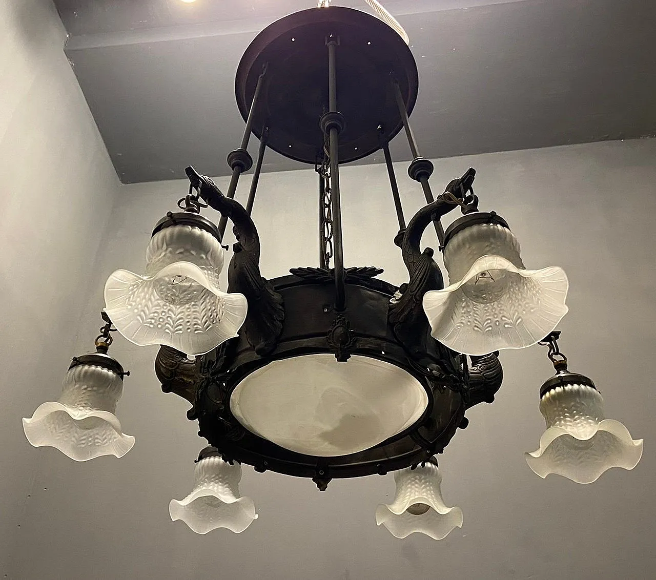 Antique Liberty bronze chandelier, Italy, 1940s 8