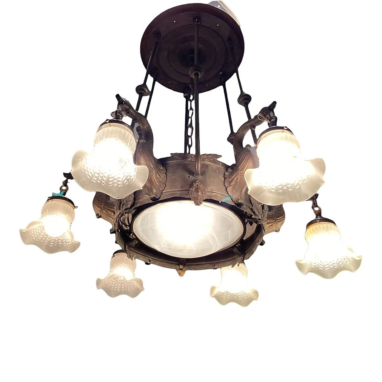 Antique Liberty bronze chandelier, Italy, 1940s 12