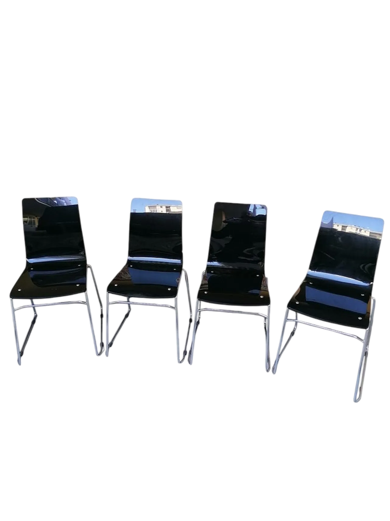 4 Sedie impilabili in vetro acrilico nero e acciaio, anni '90 7