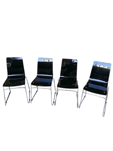 4 Sedie impilabili in vetro acrilico nero e acciaio, anni '90