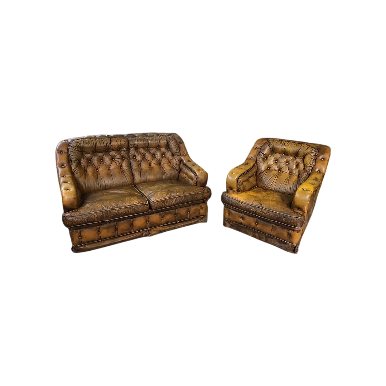 Divano letto e poltrona Chesterfield in pelle, anni '70 10
