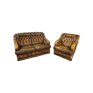 Divano letto e poltrona Chesterfield in pelle, anni '70