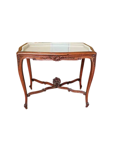 Consolle in noce intagliato con piano espositivo in vetro, fine '800