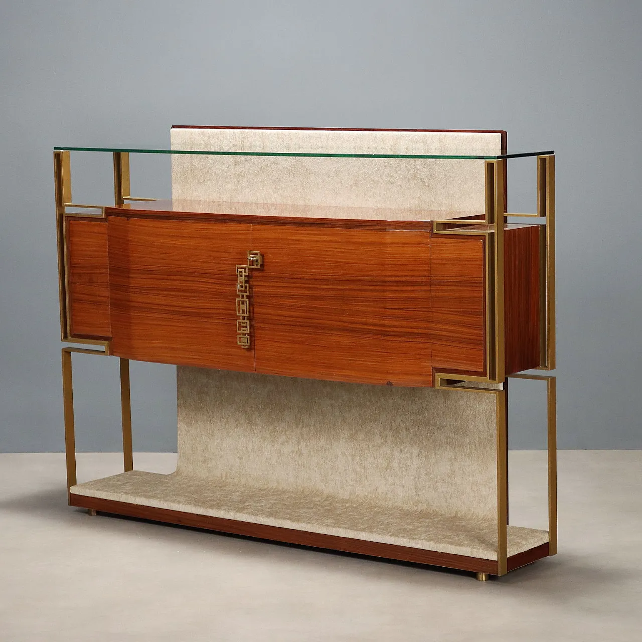 Mobile bar Canturina in metallo ottonato, tessuto e vetro, '900 1