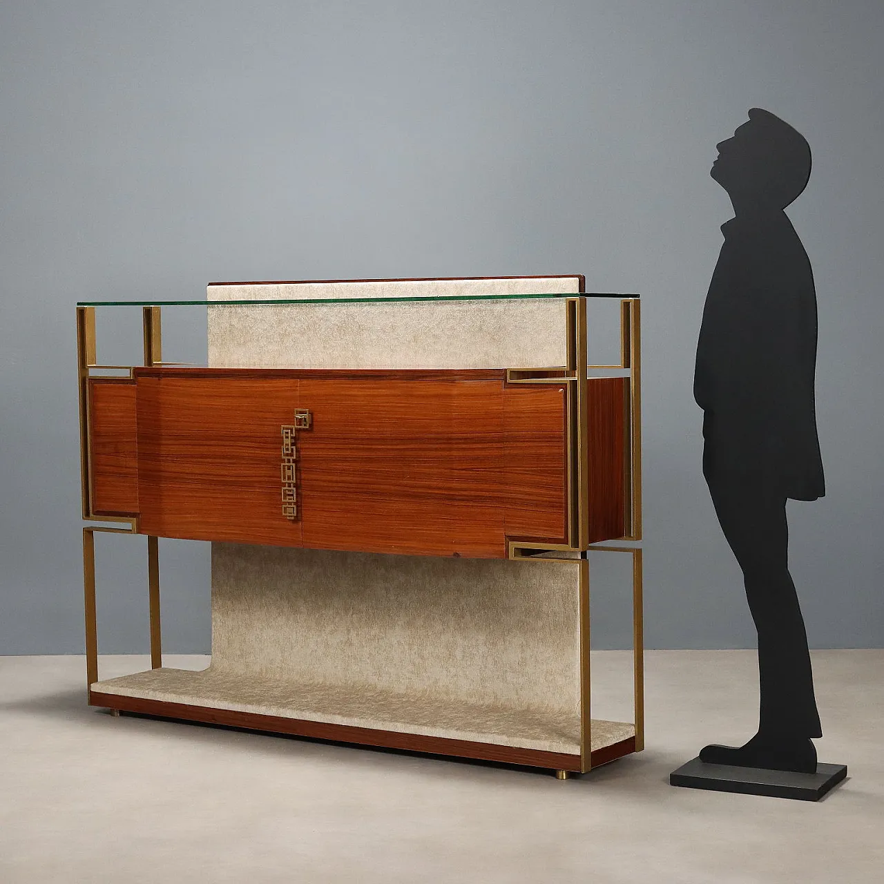 Mobile bar Canturina in metallo ottonato, tessuto e vetro, '900 2