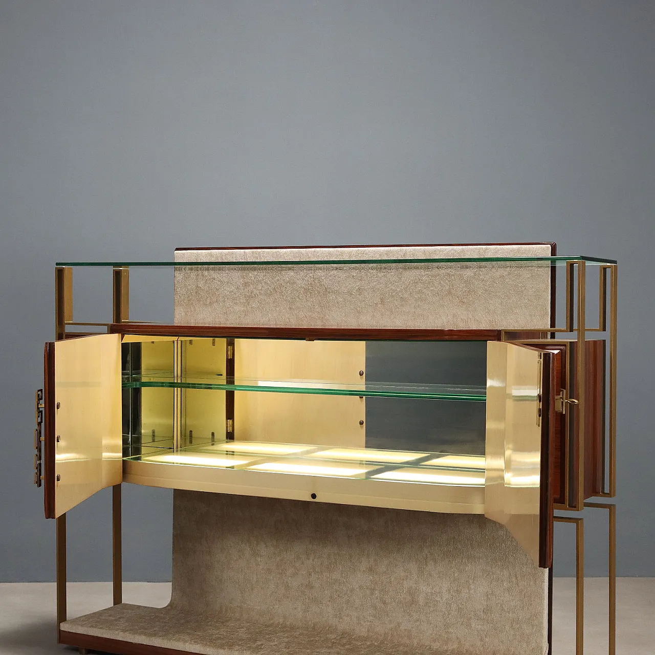 Mobile bar Canturina in metallo ottonato, tessuto e vetro, '900 3