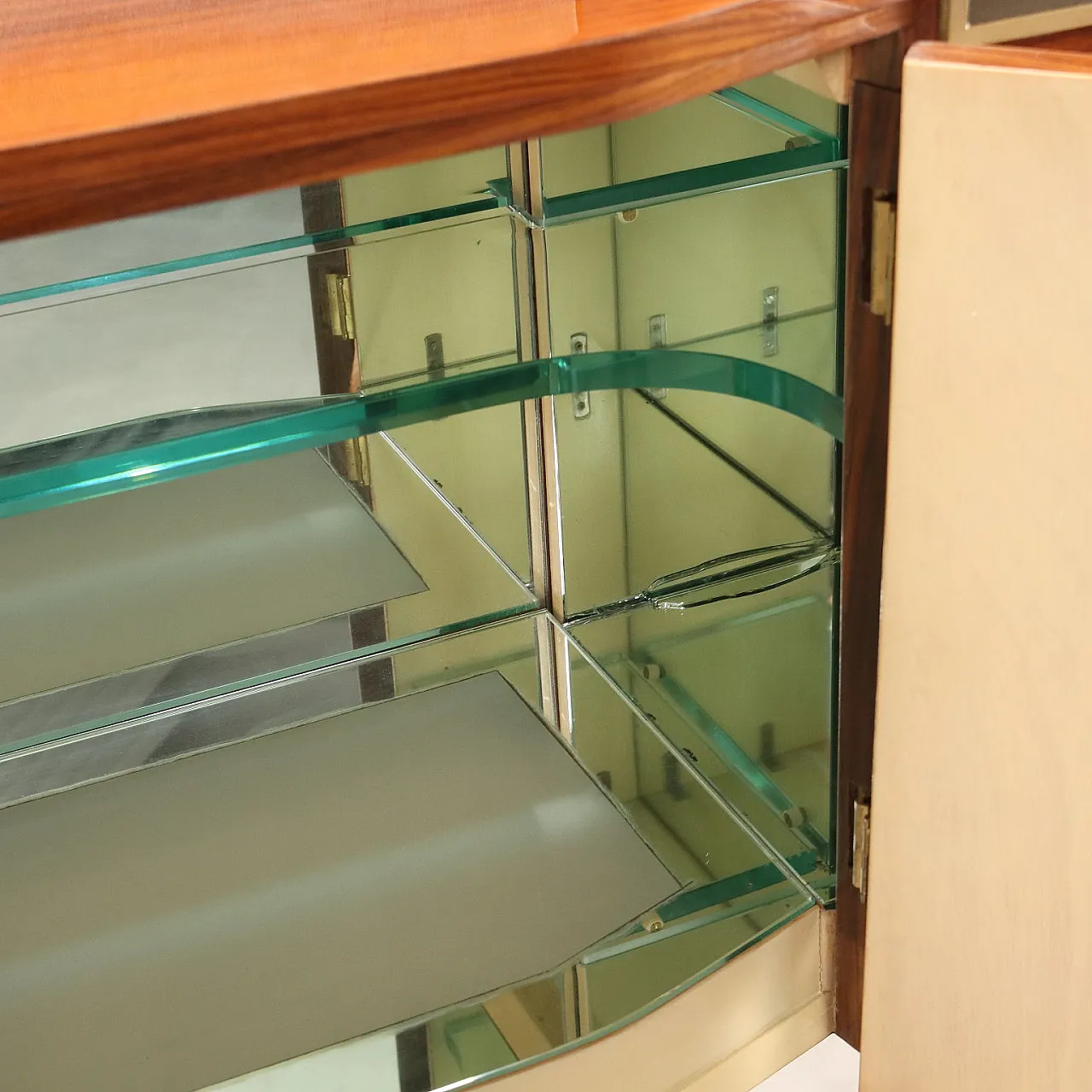 Mobile bar Canturina in metallo ottonato, tessuto e vetro, '900 7