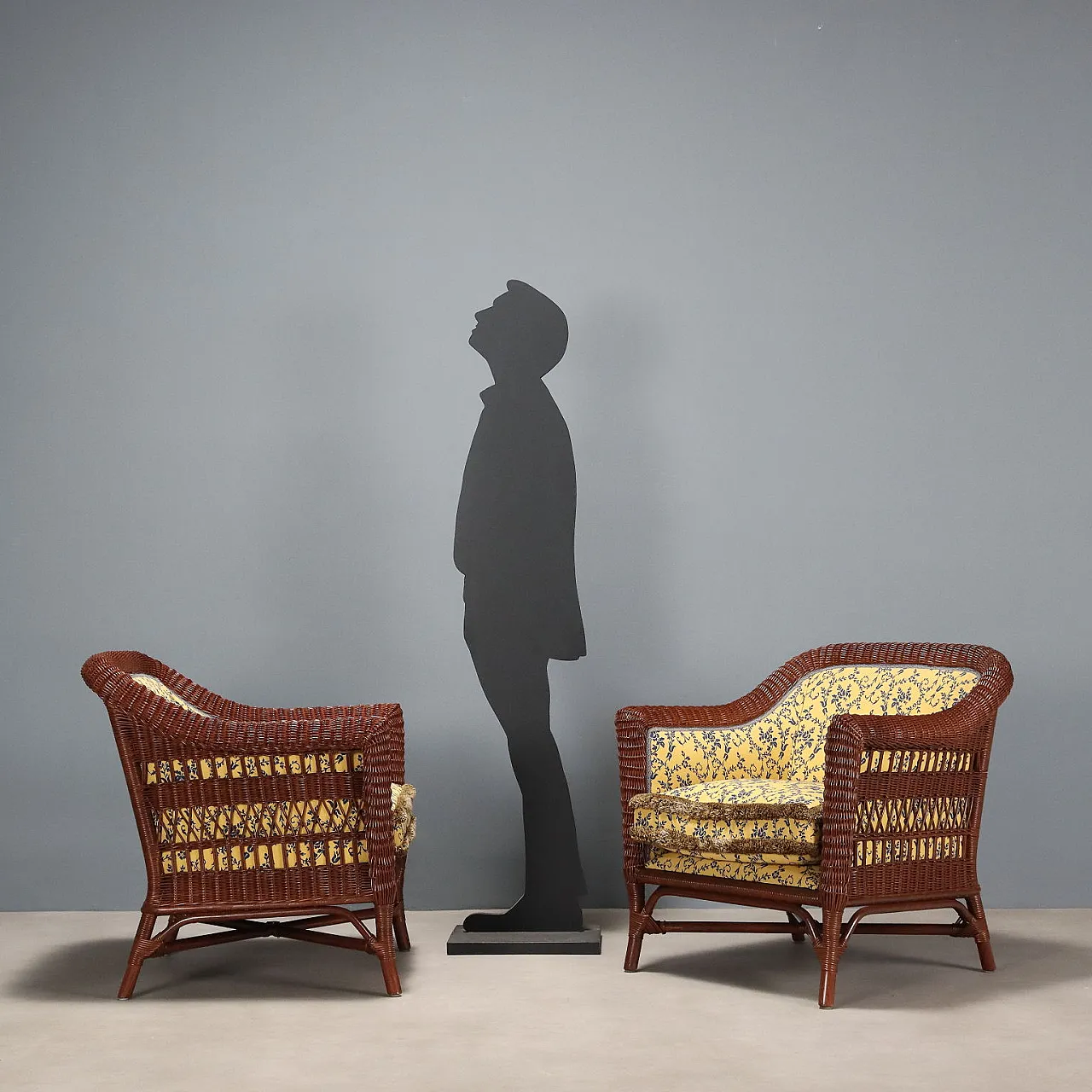 Pair of rattan armchairs with padded back and seat, 20th century 2