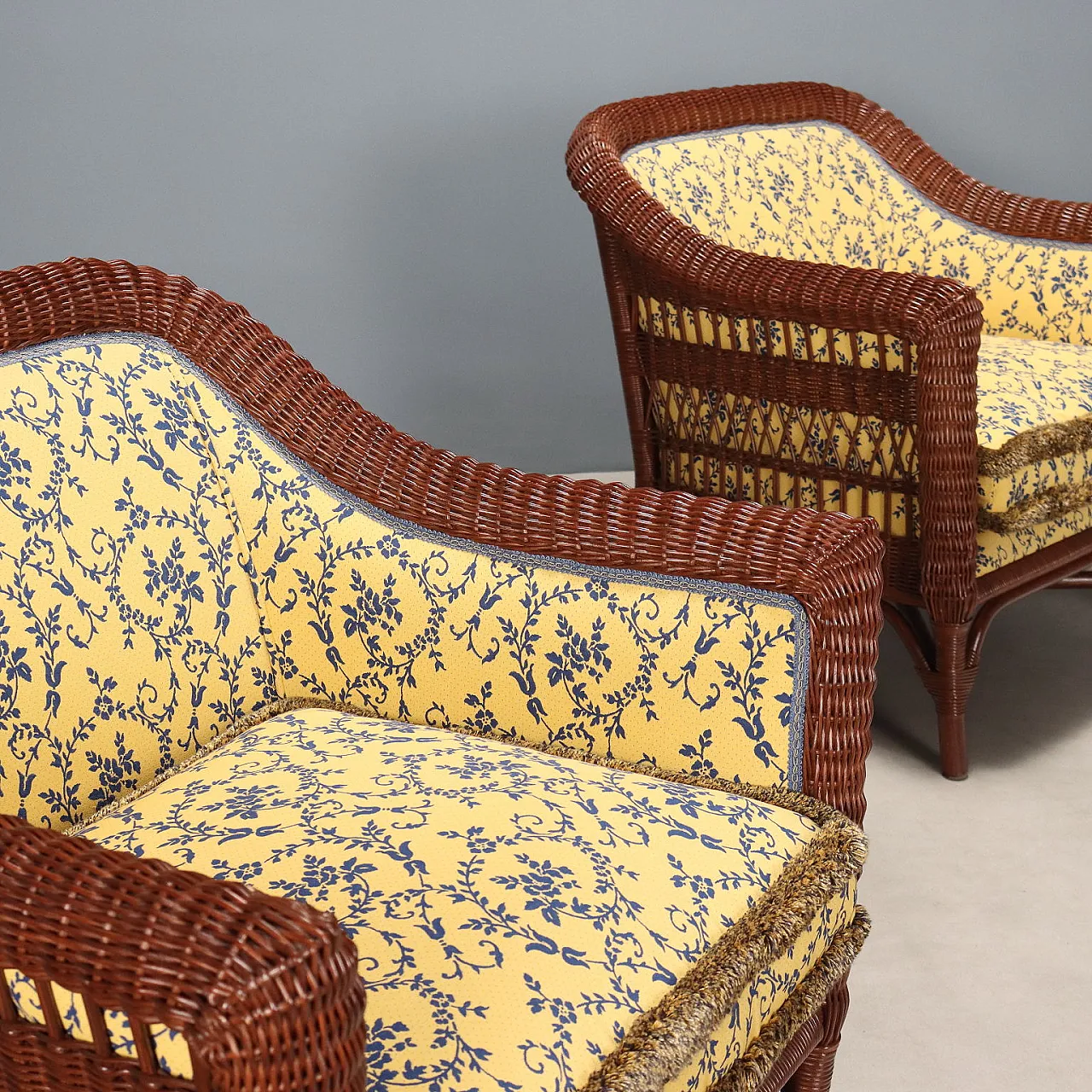 Pair of rattan armchairs with padded back and seat, 20th century 3
