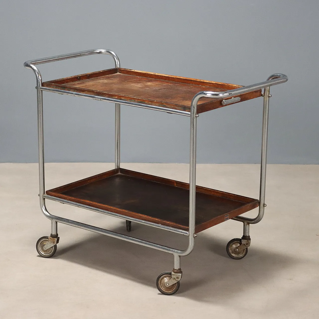 Rationalist style trolley in chrome metal and wood, 20th century 1