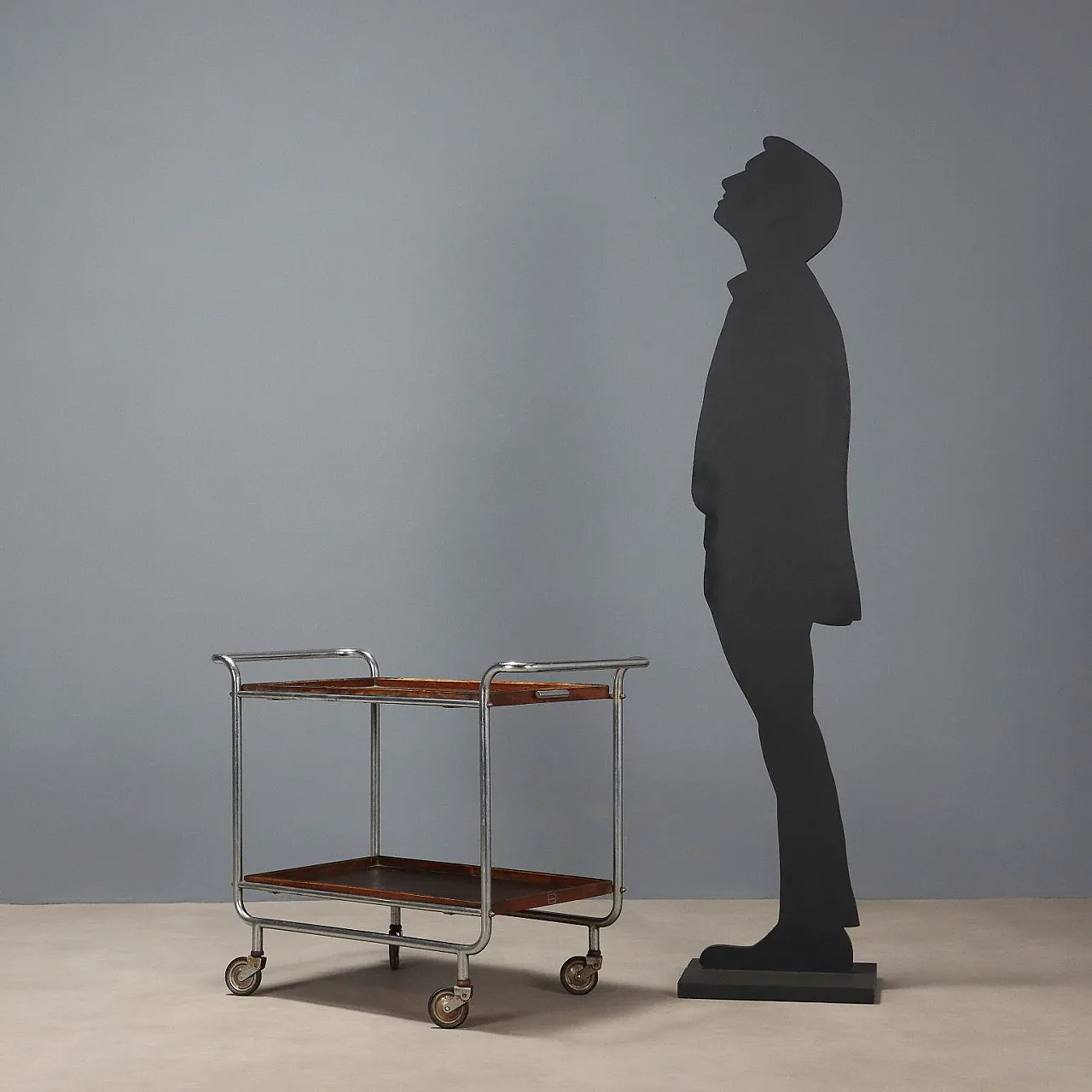 Rationalist style trolley in chrome metal and wood, 20th century 2