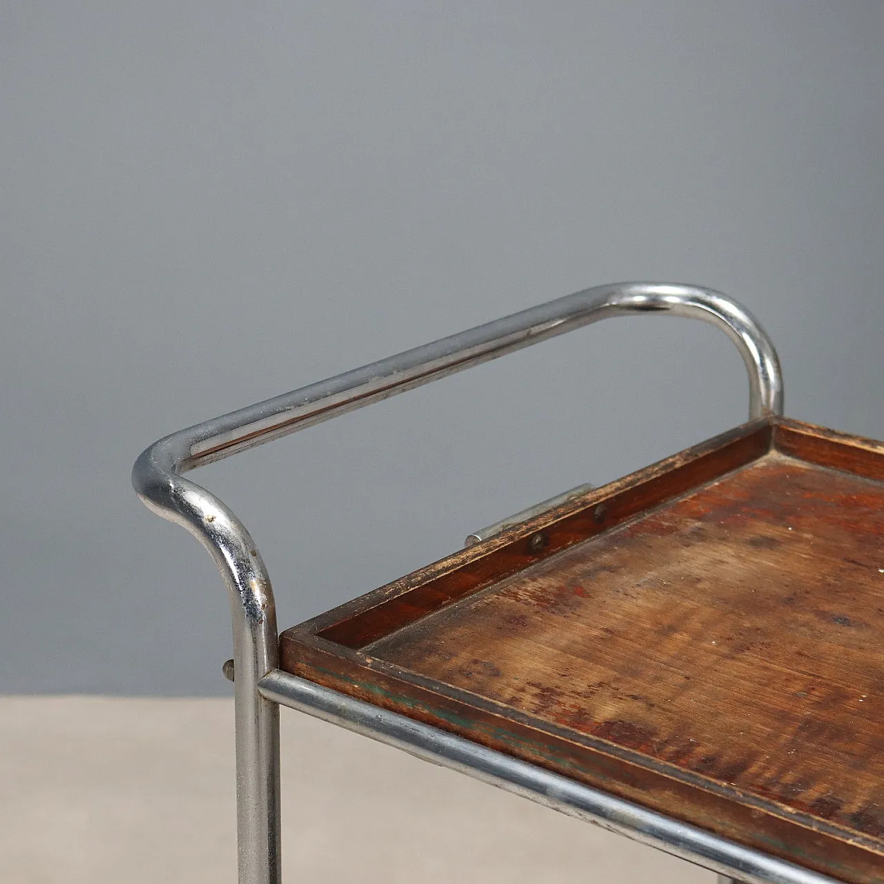 Rationalist style trolley in chrome metal and wood, 20th century 3