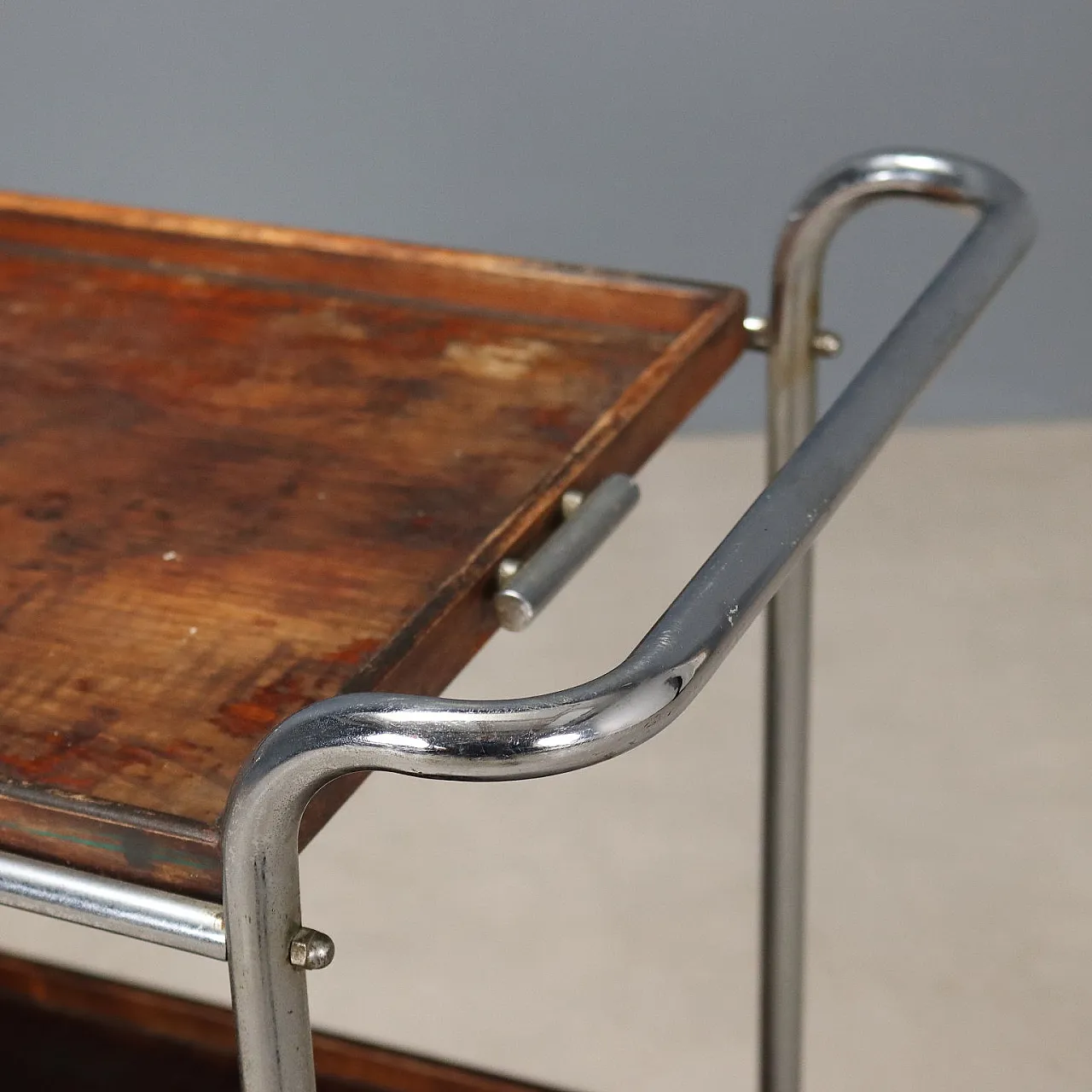 Rationalist style trolley in chrome metal and wood, 20th century 4