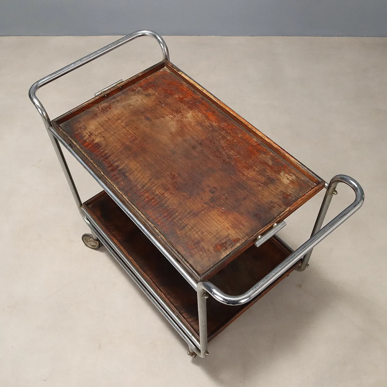 Rationalist style trolley in chrome metal and wood, 20th century 8