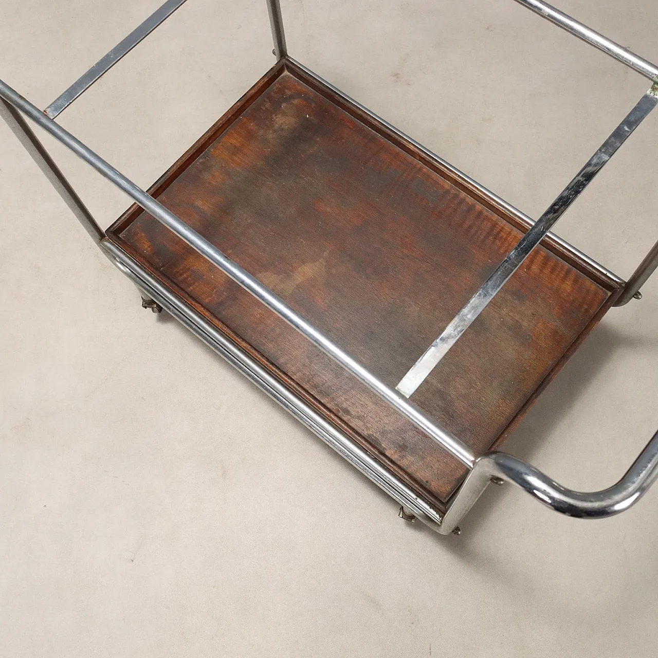 Rationalist style trolley in chrome metal and wood, 20th century 9