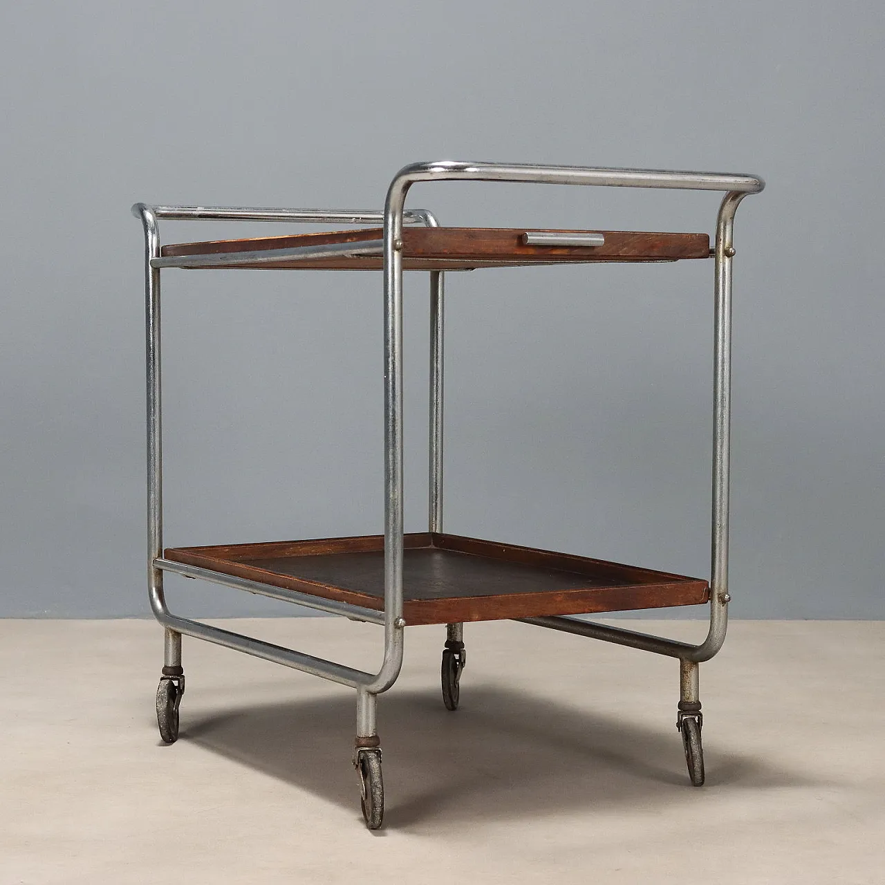 Rationalist style trolley in chrome metal and wood, 20th century 10