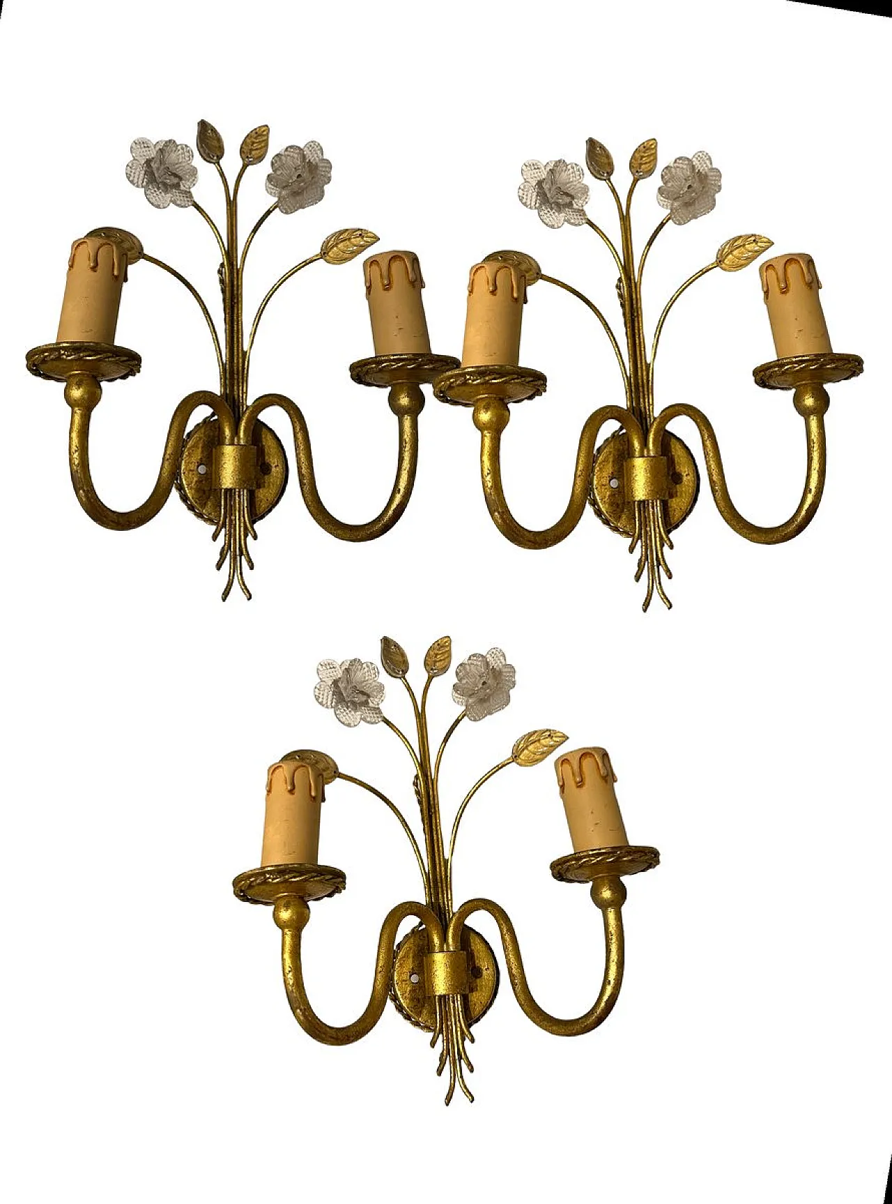 3 Italian Golden Murano Glass Sconces, 70s 1