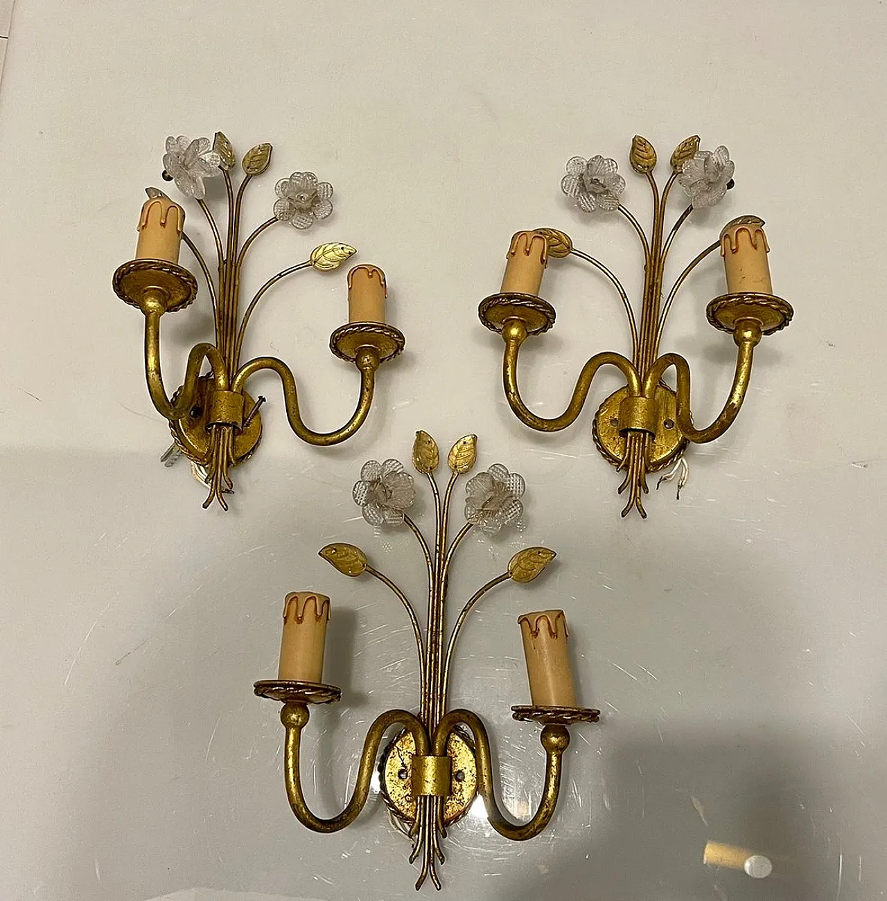 3 Italian Golden Murano Glass Sconces, 70s 3