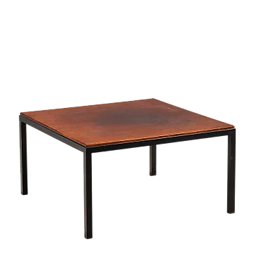 Tavolino con base in metallo smaltato e piano in legno esotico, '900