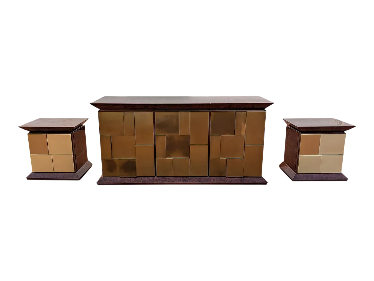 Comò e comodini in radica e ottone, Italia anni '70 23