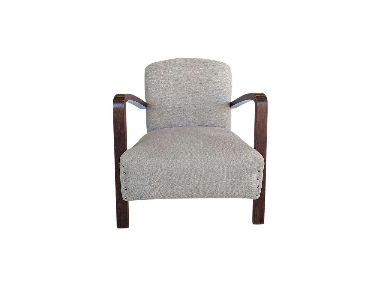 Poltrona in legno scuro e tessuto chiaro, anni '50 27