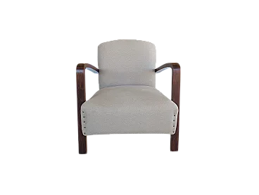 Poltrona in legno scuro e tessuto chiaro, anni '50