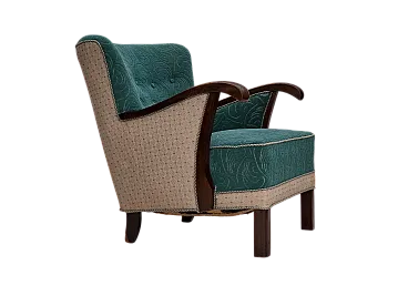 Danish armchair green beige wool, 1950s